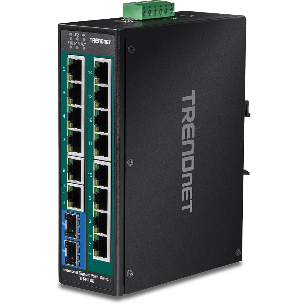 [TI-PG162] TRENDnet 16-Port Industrial Gigabit PoE+ DIN-Rail Switch
