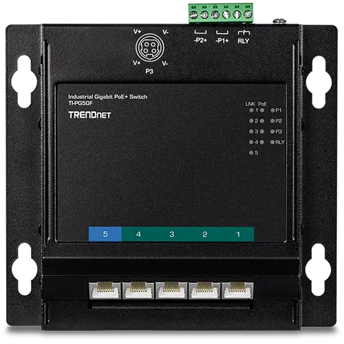 TRENDnet TI-PG50F 5-Port Industrial Gigabit PoE+ Wall-Mounted Front Access Switch