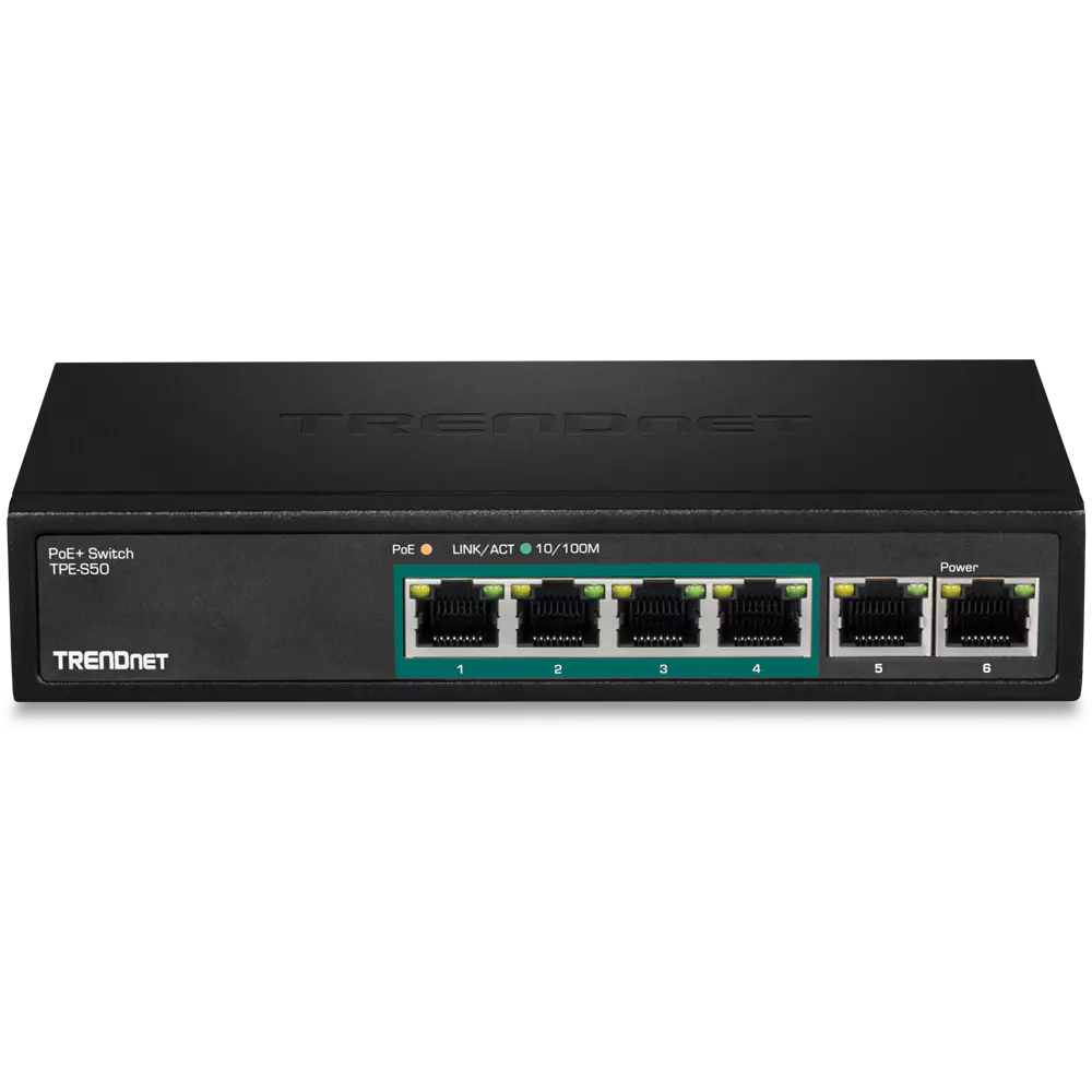 [tpe-s50] قسام شبكات 6  مداخل 40  وات TRENDnet 6-Port Fast Ethernet PoE+ Switch, TPE-S50