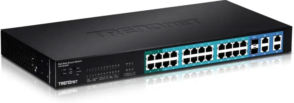 موزع شبكة 24 مدخل مع محول كهربه 24 TRENDnet 24-Port 10/100Mbps Web Smart PoE Switch with 4 Gigabit Ports and 2 Mini-GBIC Slots
