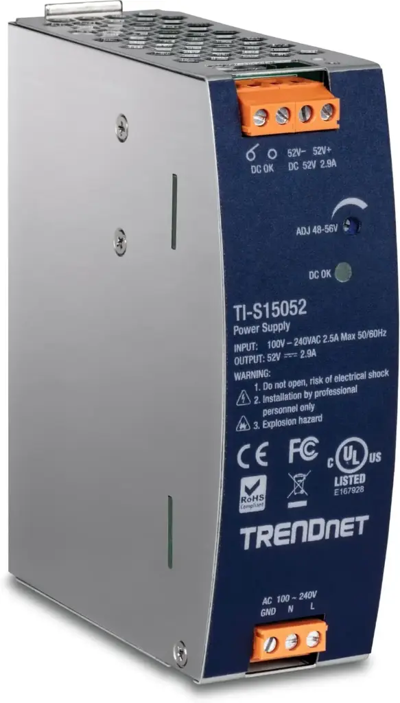[TI-S15052] TRENDnet 150W, 52V DC, 2.89A AC to DC DIN-Rail Power Supply